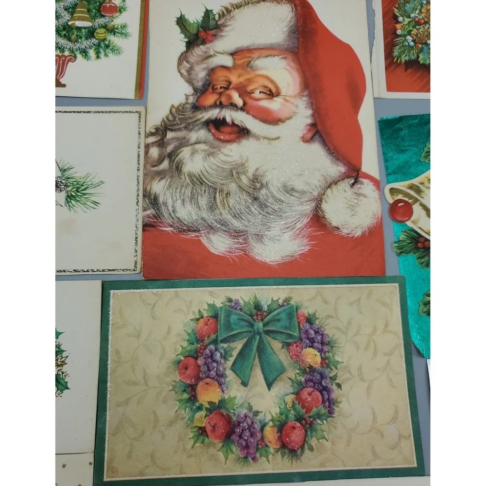 12 Old Vintage Used Greeting Card Fronts Christmas Greetings Embellished Glitter
